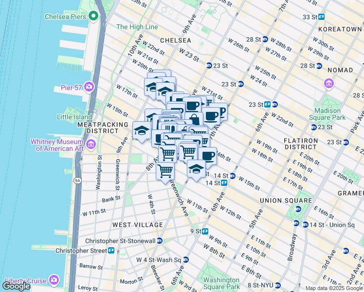 map of restaurants, bars, coffee shops, grocery stores, and more near West 15th Street in New York
