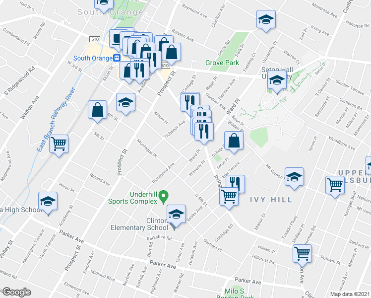 map of restaurants, bars, coffee shops, grocery stores, and more near 198 West Fairview Avenue in South Orange