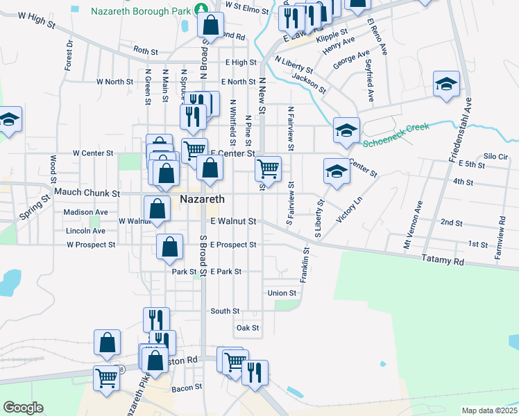 map of restaurants, bars, coffee shops, grocery stores, and more near 126 South New Street in Nazareth