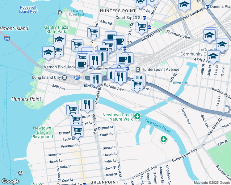 map of restaurants, bars, coffee shops, grocery stores, and more near in Queens