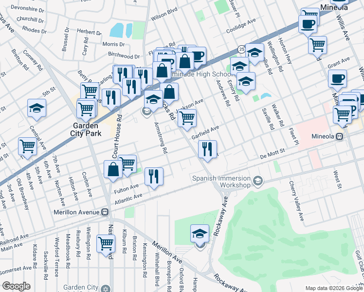 map of restaurants, bars, coffee shops, grocery stores, and more near 2 Park Avenue in New Hyde Park
