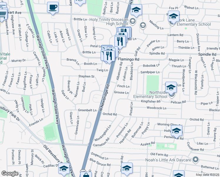map of restaurants, bars, coffee shops, grocery stores, and more near 602 North Newbridge Road in Levittown