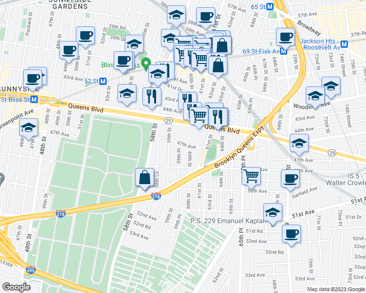 map of restaurants, bars, coffee shops, grocery stores, and more near 47-03 59th Place in Queens