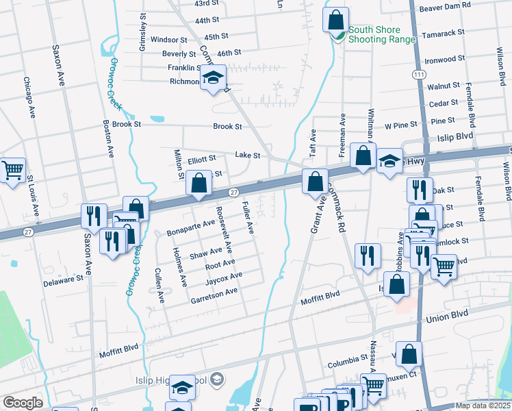 map of restaurants, bars, coffee shops, grocery stores, and more near 12 Jay Ct in Islip