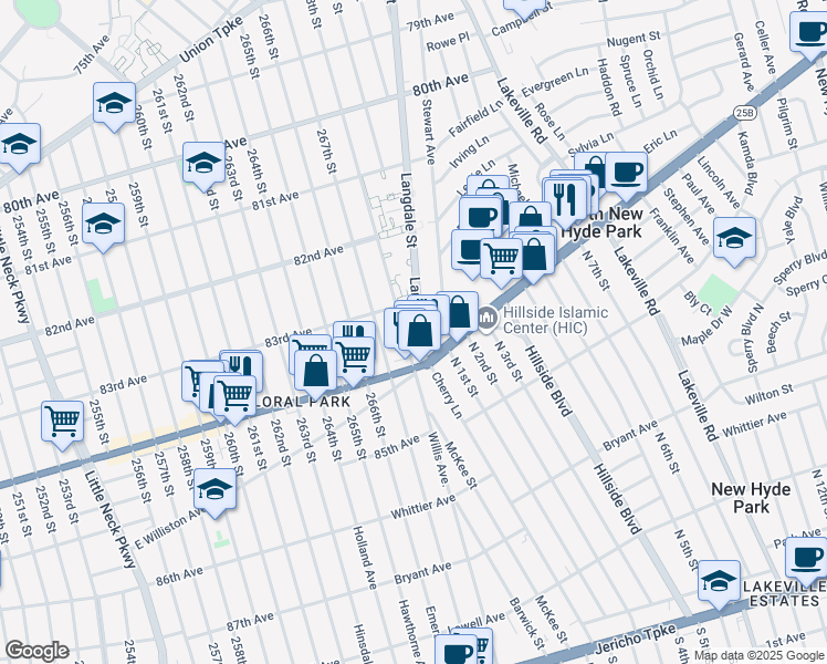 map of restaurants, bars, coffee shops, grocery stores, and more near 83-28 Langdale Street in Queens