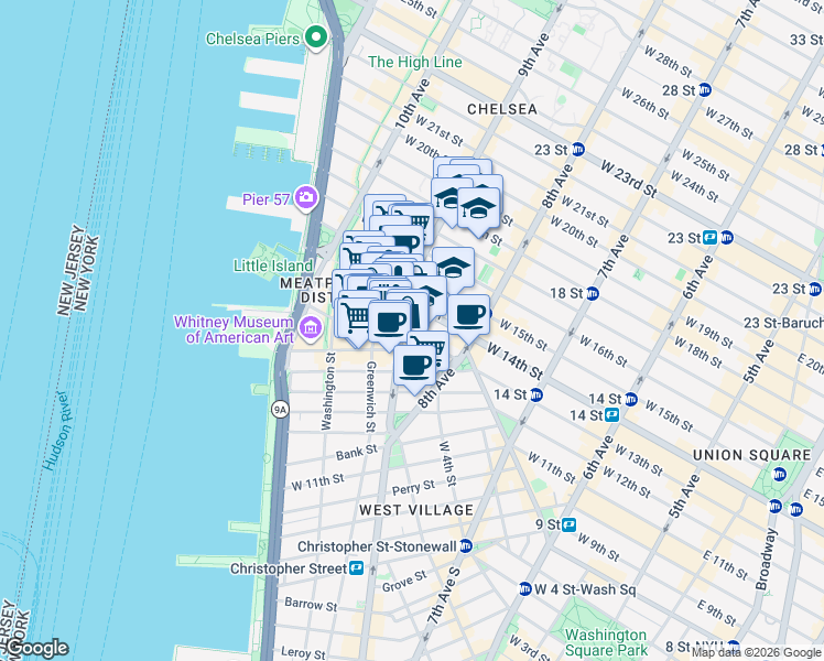 map of restaurants, bars, coffee shops, grocery stores, and more near 18 9th Avenue in New York