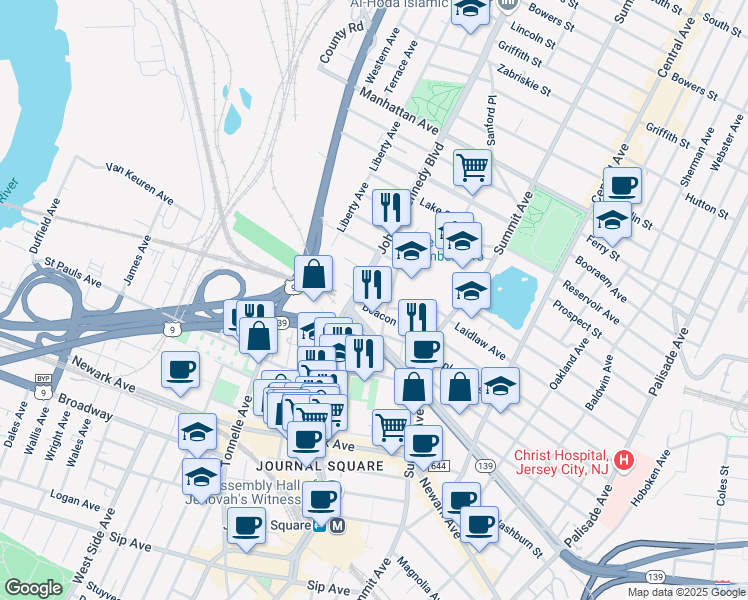 map of restaurants, bars, coffee shops, grocery stores, and more near 3140 John F. Kennedy Boulevard in Jersey City