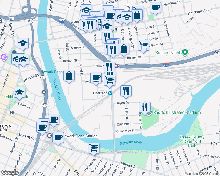 map of restaurants, bars, coffee shops, grocery stores, and more near in Harrison