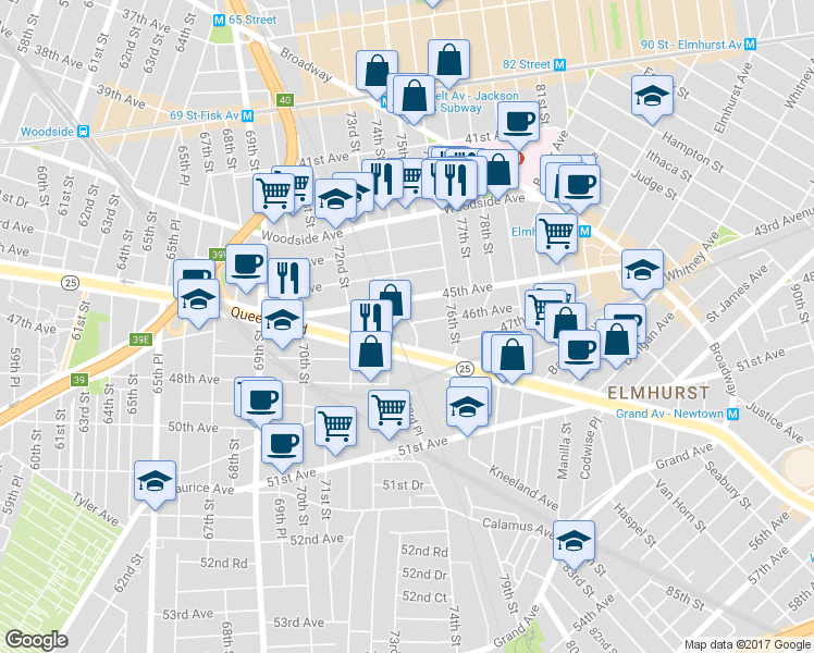 map of restaurants, bars, coffee shops, grocery stores, and more near 46-02 74th Street in Queens