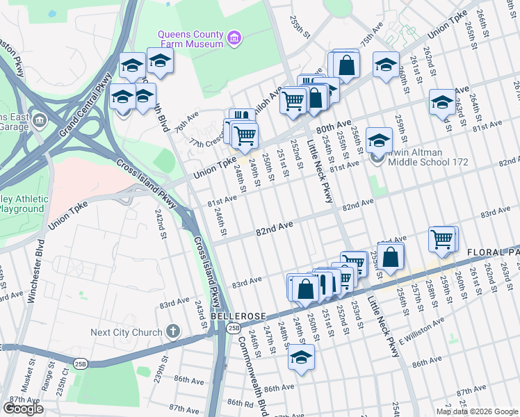 map of restaurants, bars, coffee shops, grocery stores, and more near 81-28 249th Street in Queens