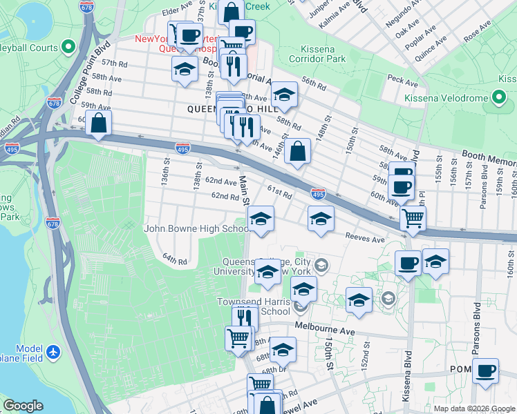 map of restaurants, bars, coffee shops, grocery stores, and more near 146-13 Reeves Avenue in Queens
