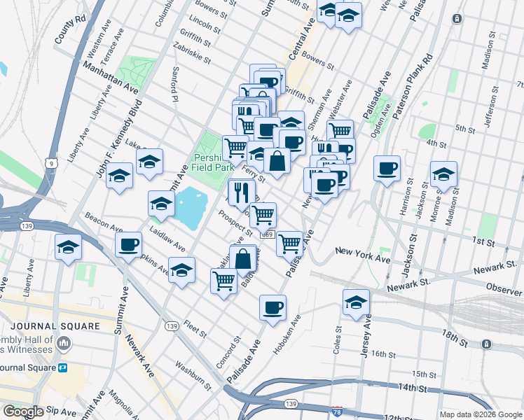 map of restaurants, bars, coffee shops, grocery stores, and more near 91 Booraem Avenue in Jersey City