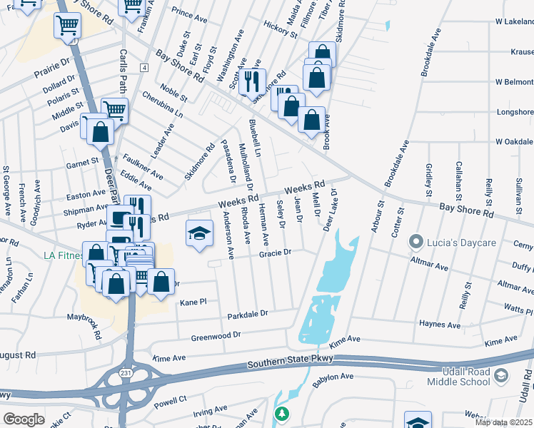 map of restaurants, bars, coffee shops, grocery stores, and more near 93 Herman Avenue in North Babylon