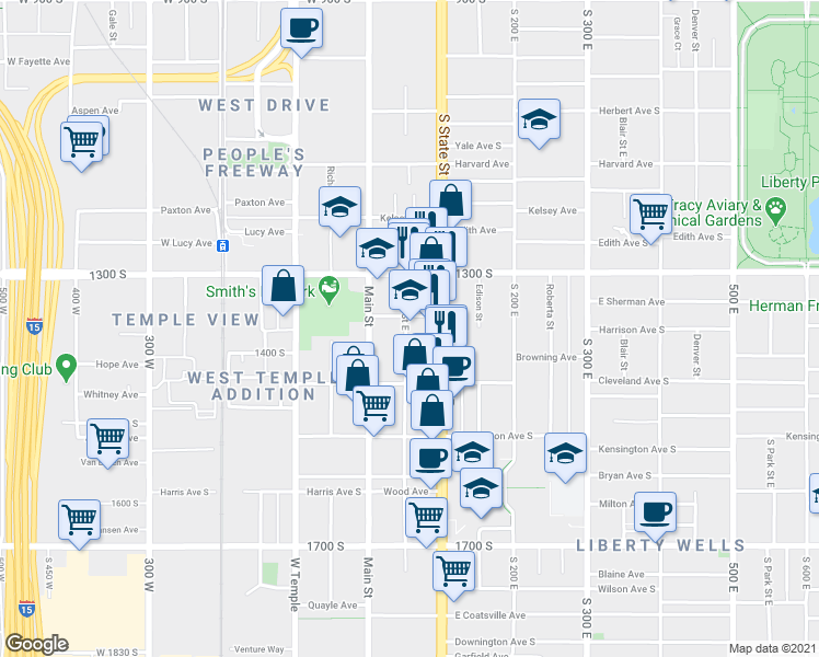map of restaurants, bars, coffee shops, grocery stores, and more near 1369 Major Street East in Salt Lake City