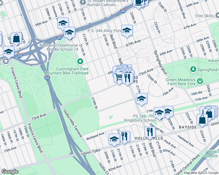 map of restaurants, bars, coffee shops, grocery stores, and more near 73rd Ave & 213th St in Queens