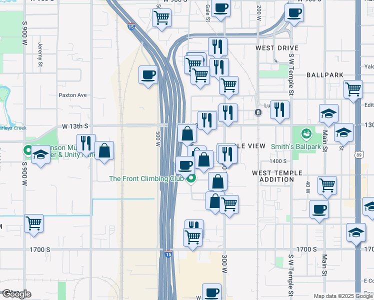 map of restaurants, bars, coffee shops, grocery stores, and more near 1366 South 400 West in Salt Lake City