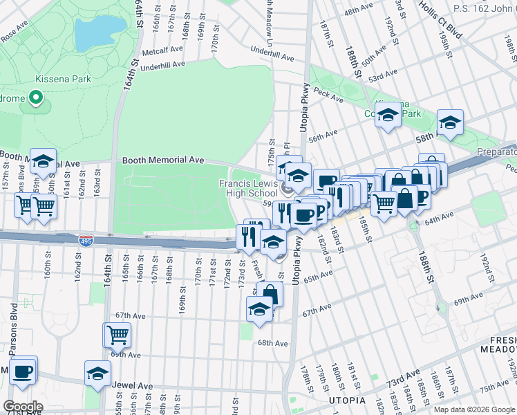 map of restaurants, bars, coffee shops, grocery stores, and more near 59-6 175th Street in Queens