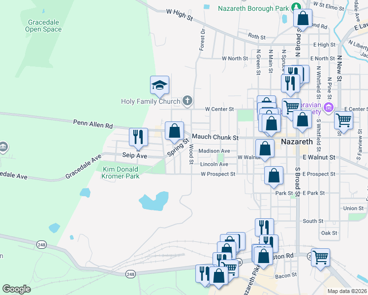 map of restaurants, bars, coffee shops, grocery stores, and more near 123 Spring Street in Nazareth