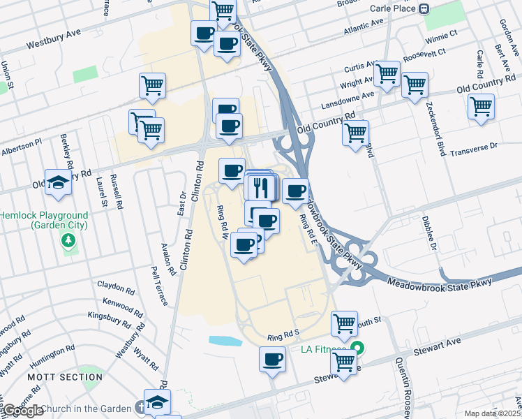 map of restaurants, bars, coffee shops, grocery stores, and more near in Garden City