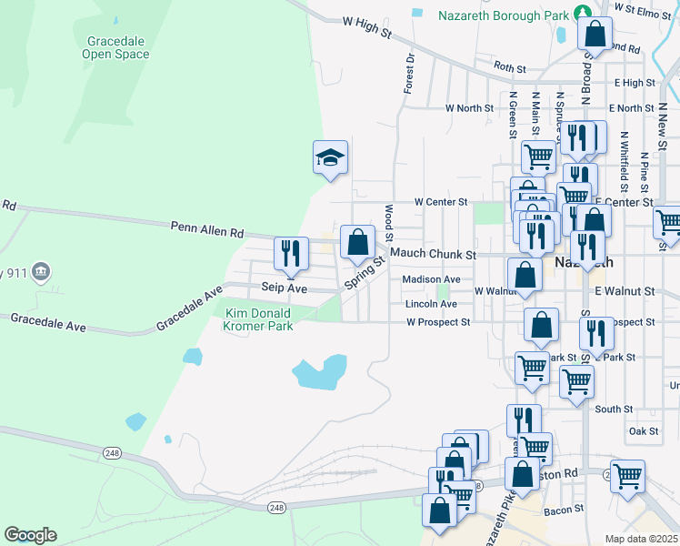 map of restaurants, bars, coffee shops, grocery stores, and more near 175 Phoenix Street in Nazareth