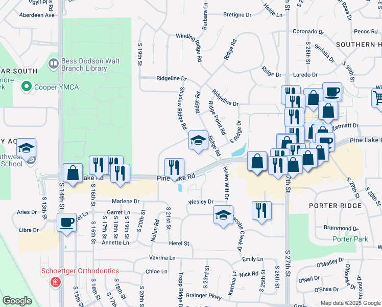 map of restaurants, bars, coffee shops, grocery stores, and more near 2200 Pine Lake Road in Lincoln