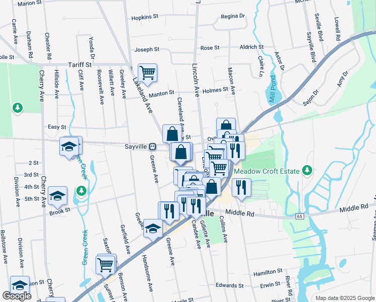 map of restaurants, bars, coffee shops, grocery stores, and more near 27 Hiddink Street in Sayville