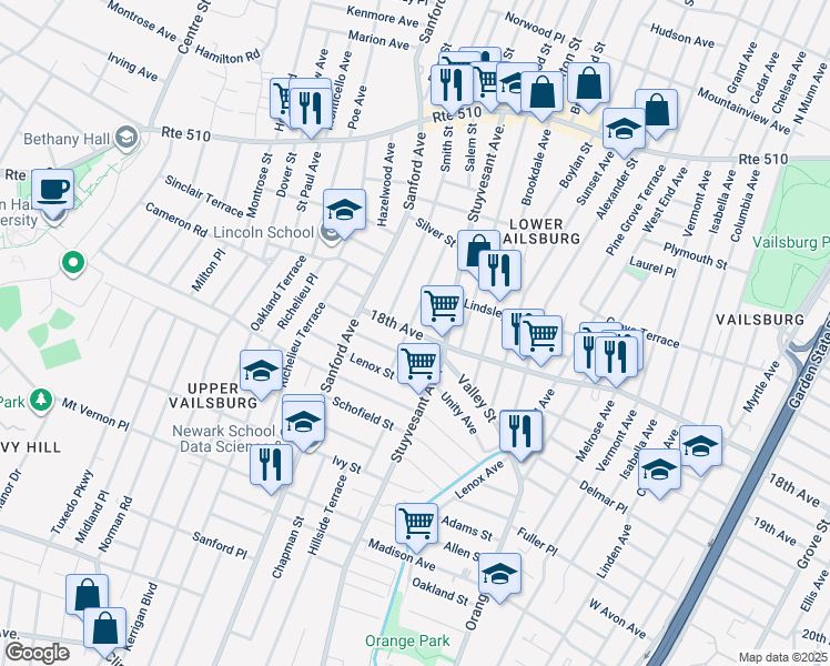 map of restaurants, bars, coffee shops, grocery stores, and more near 1050 18th Avenue in Newark