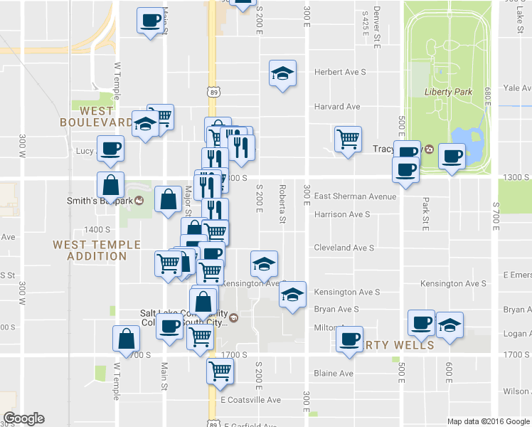 map of restaurants, bars, coffee shops, grocery stores, and more near 1369 South 200 East in Salt Lake City
