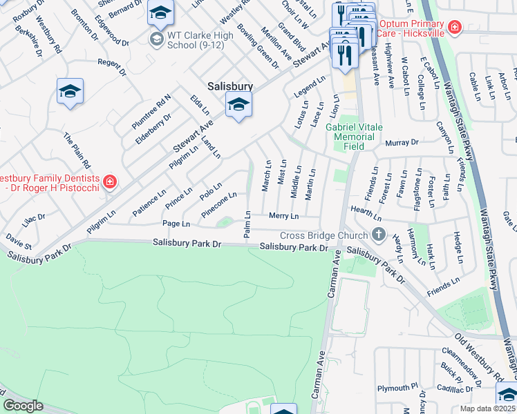 map of restaurants, bars, coffee shops, grocery stores, and more near 60 March Lane in Westbury
