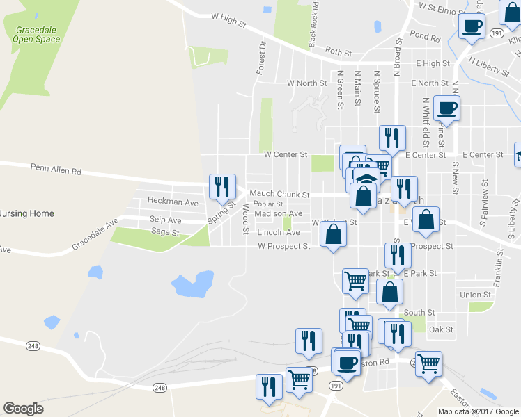 map of restaurants, bars, coffee shops, grocery stores, and more near 350 Madison Ave in Nazareth