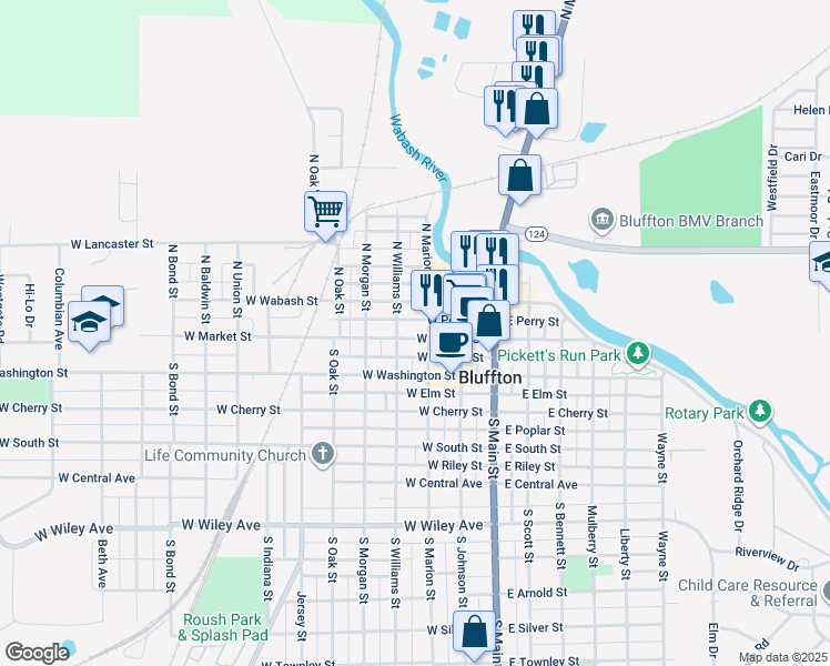 map of restaurants, bars, coffee shops, grocery stores, and more near 313 West Market Street in Bluffton