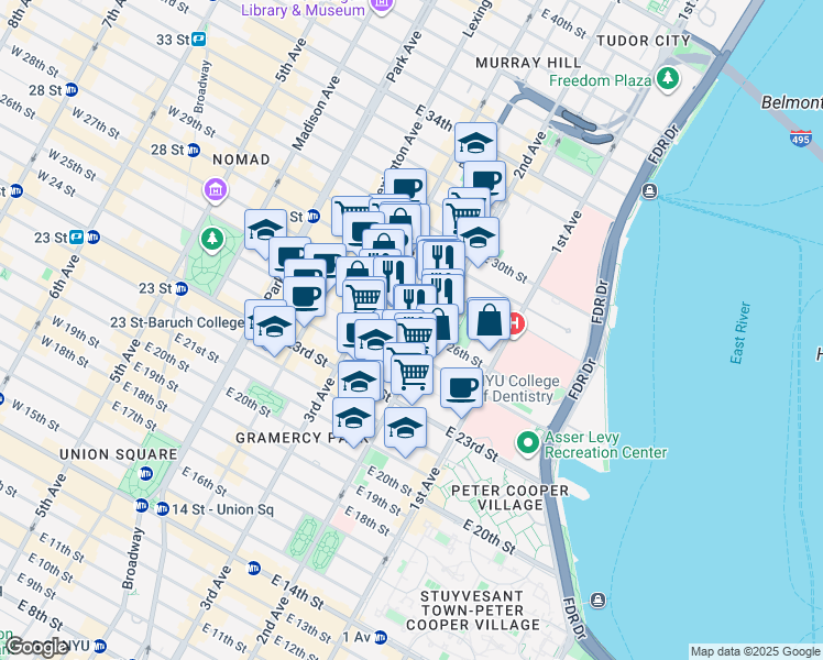 map of restaurants, bars, coffee shops, grocery stores, and more near 123 5th Avenue in New York