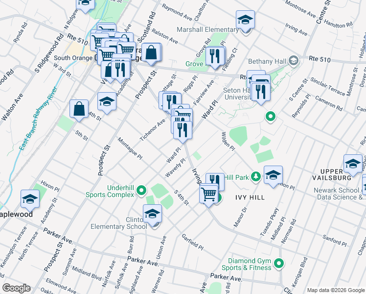 map of restaurants, bars, coffee shops, grocery stores, and more near 408 Irvington Avenue in South Orange Village