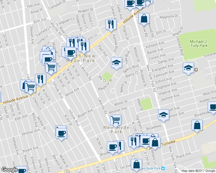 map of restaurants, bars, coffee shops, grocery stores, and more near 524 Maple Drive West in New Hyde Park
