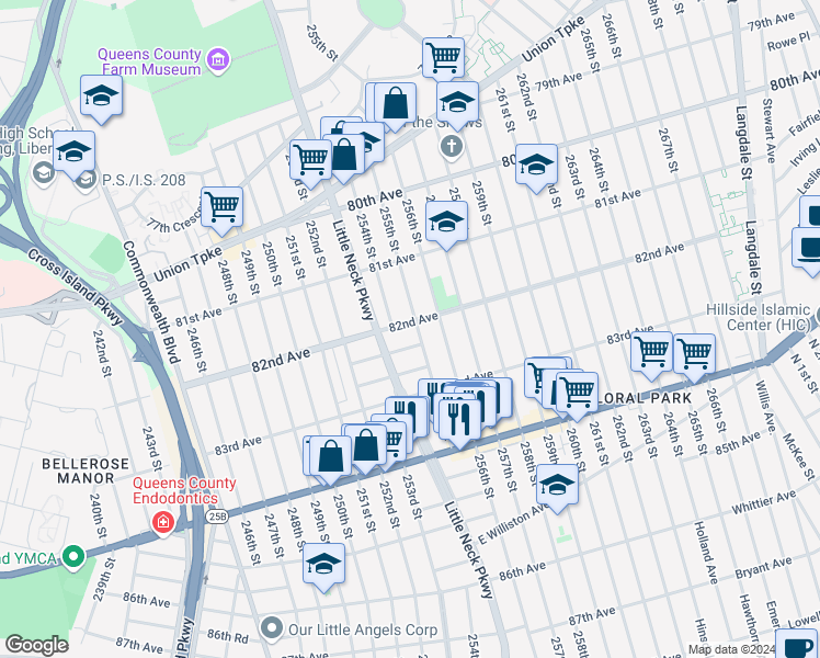 map of restaurants, bars, coffee shops, grocery stores, and more near 82-02 255th Street in Queens