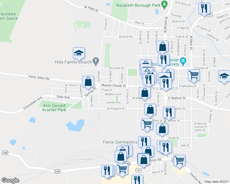 map of restaurants, bars, coffee shops, grocery stores, and more near 310 Madison Avenue in Nazareth