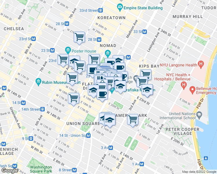 map of restaurants, bars, coffee shops, grocery stores, and more near 41 East 22nd Street in New York