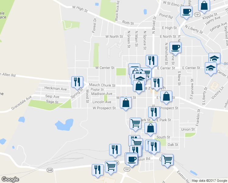 map of restaurants, bars, coffee shops, grocery stores, and more near 206 Madison Avenue in Nazareth