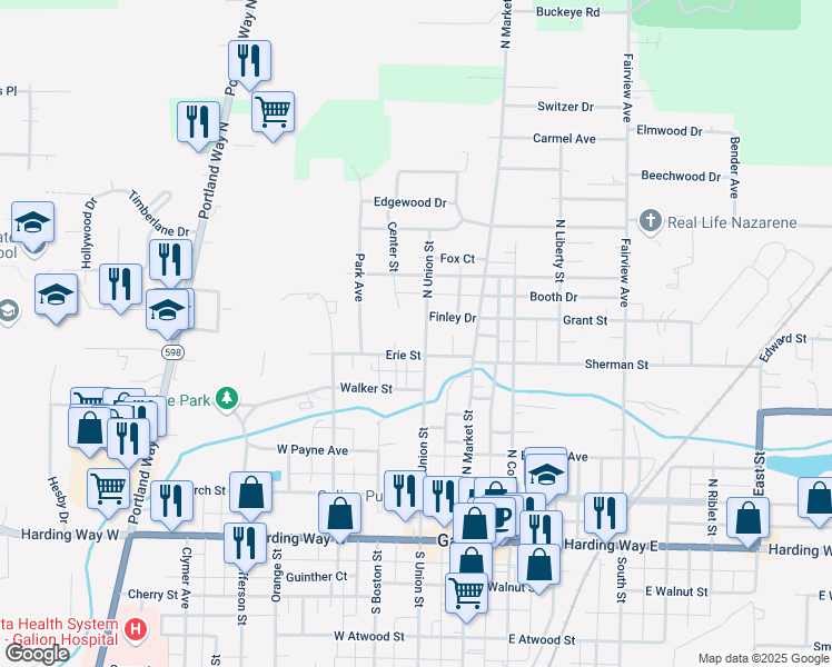 map of restaurants, bars, coffee shops, grocery stores, and more near 520 North Union Street in Galion