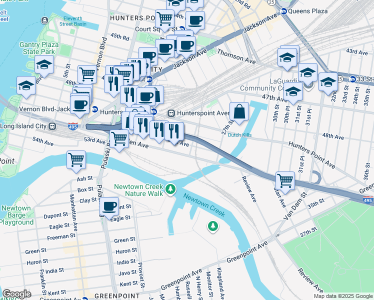 map of restaurants, bars, coffee shops, grocery stores, and more near 2355 Borden Avenue in Queens