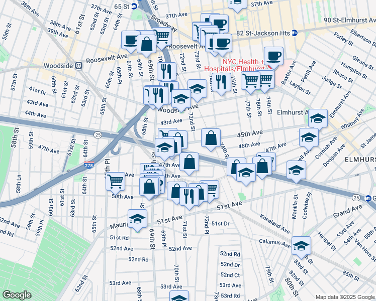 map of restaurants, bars, coffee shops, grocery stores, and more near 70-33 Queens Boulevard in Queens