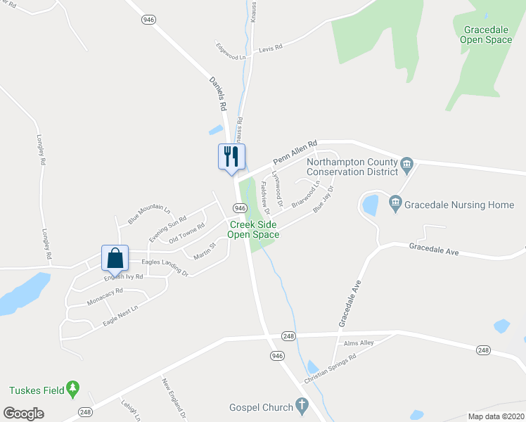map of restaurants, bars, coffee shops, grocery stores, and more near 2027 Fieldview Drive in Nazareth