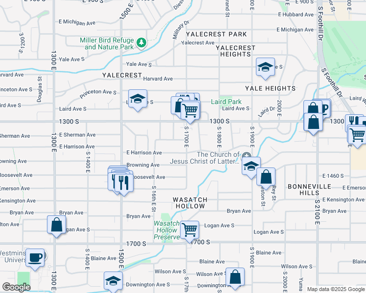 map of restaurants, bars, coffee shops, grocery stores, and more near 1368 South 1700 East in Salt Lake City