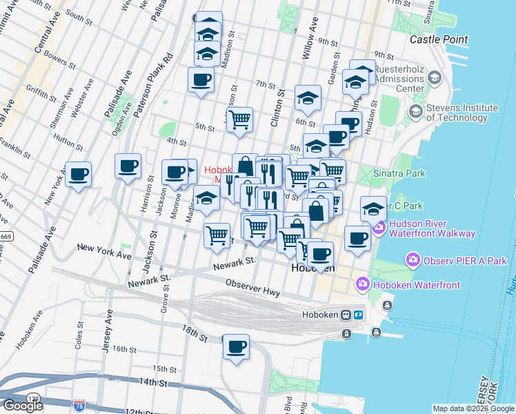 map of restaurants, bars, coffee shops, grocery stores, and more near 309 2nd Street in Hoboken