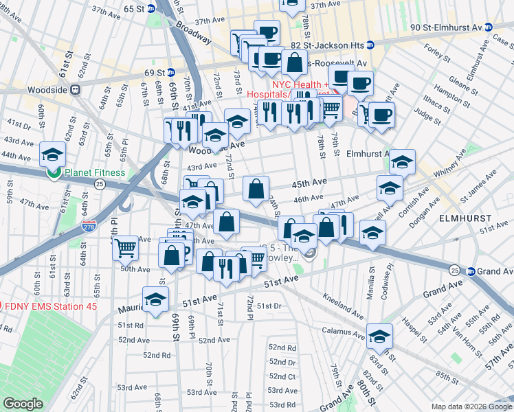 map of restaurants, bars, coffee shops, grocery stores, and more near 72-01 Queens Boulevard in Queens