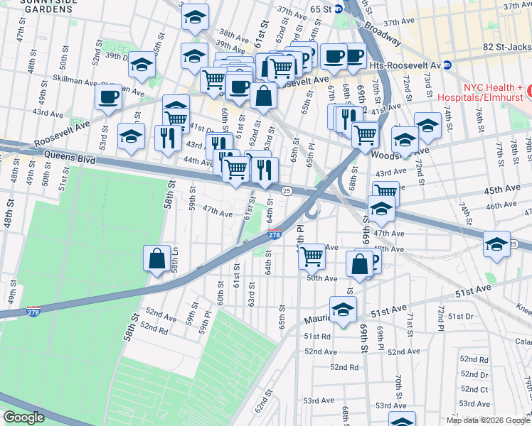 map of restaurants, bars, coffee shops, grocery stores, and more near 44-34 64th Street in Queens