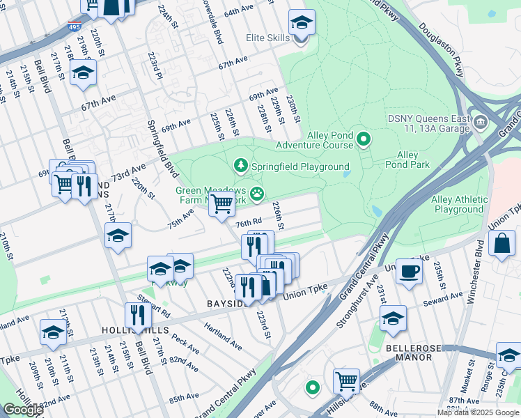 map of restaurants, bars, coffee shops, grocery stores, and more near 224-58 76th Avenue in Queens