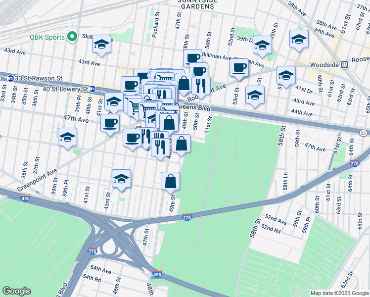 map of restaurants, bars, coffee shops, grocery stores, and more near 47-29 49th Street in Queens