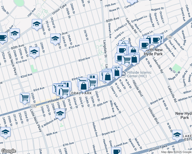 map of restaurants, bars, coffee shops, grocery stores, and more near 83-16 267th Street in Queens