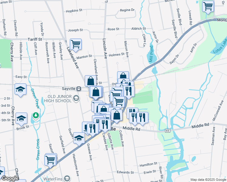 map of restaurants, bars, coffee shops, grocery stores, and more near 62 Hiddink Street in Sayville